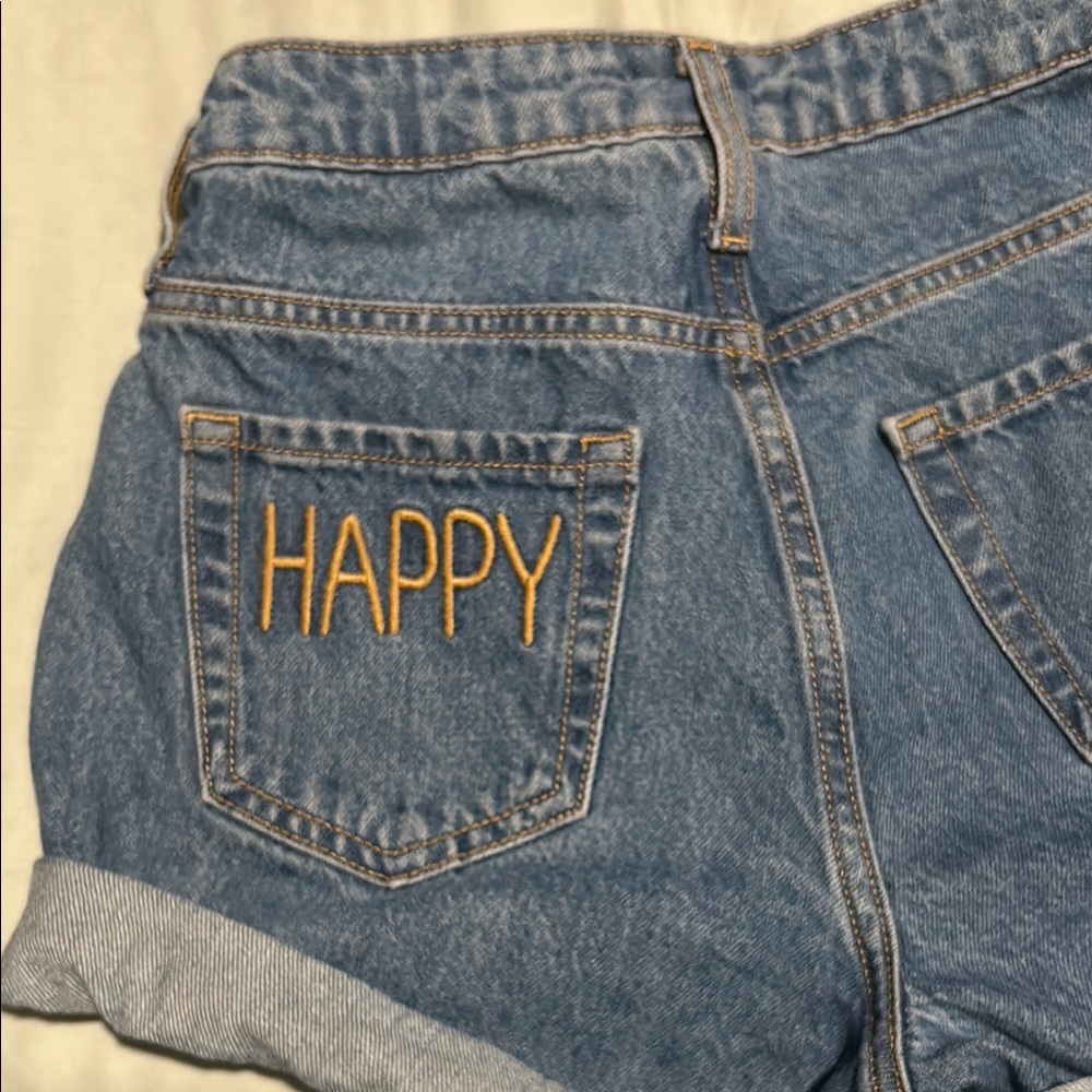 Denim Shorts with 'Happy' Embroidery
